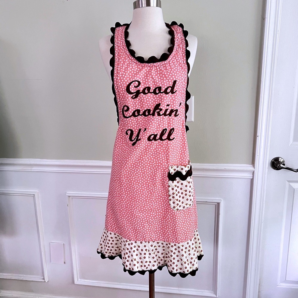 Full Apron Womens OS Polka Dot Ric Rac Pink Good Cookin Yall Retro